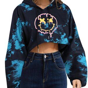 Remidoo Womens XXL Cropped Hoodie Tie Dye Smiley Face Graphic Streetwear Oversiz